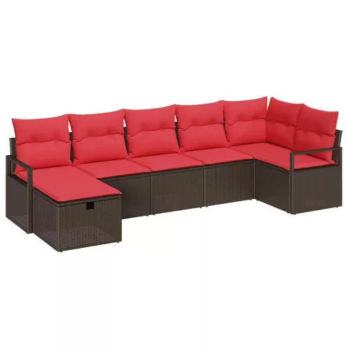  Kanapé Szett párnával tárolóval 7 pcs Barna és Piros polirattan