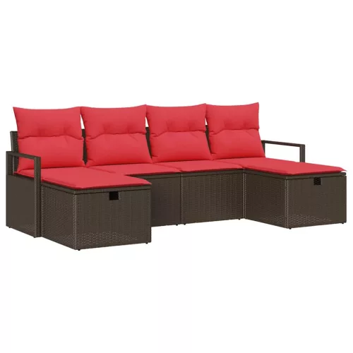  Kanapé Szett párnával tárolóval 6 pcs Barna és Piros polirattan