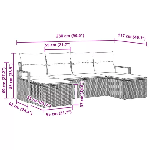  Kanapé Szett párnával 6 pcs Szürke és Tengerész Kék polirattan