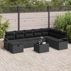    Kanapé Szett párnával tárolóval 9 pcs Fekete polirattan