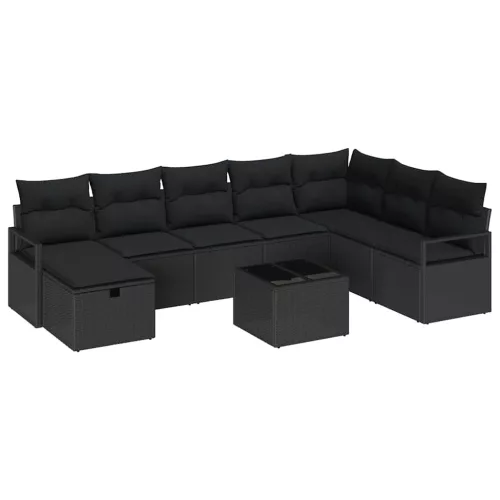  Kanapé Szett párnával tárolóval 9 pcs Fekete polirattan