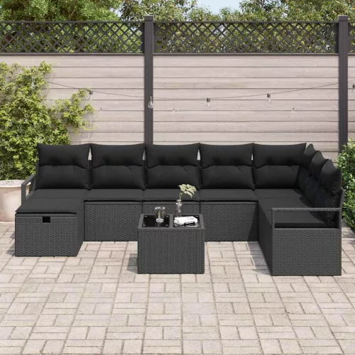  Kanapé Szett párnával tárolóval 9 pcs Fekete polirattan