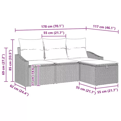  Kanapé Szett párnával tárolóval 4 pcs Fekete polirattan