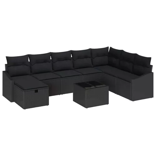  Kerti Kanapé Szett párnával 9 pcs Fekete Poli rattan