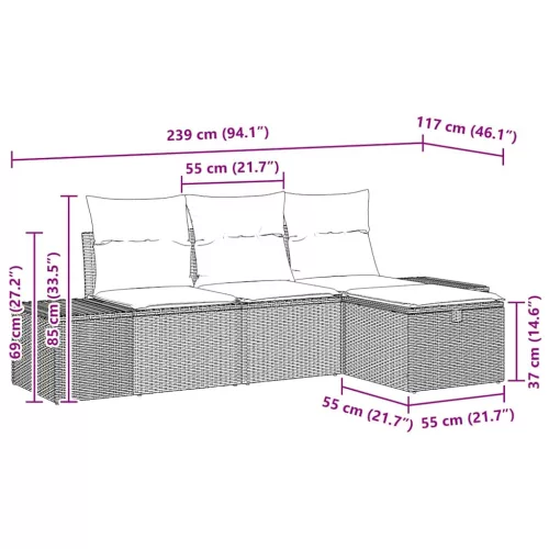  Kerti Kanapé Szett párnával 4 pcs Fekete Poli rattan