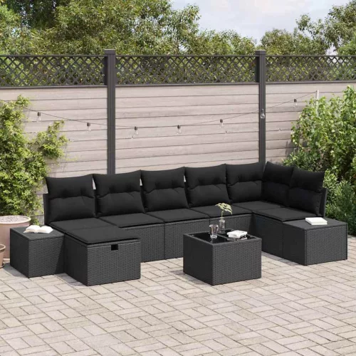  Kerti Kanapé Szett párnával 8 pcs Fekete polirattan
