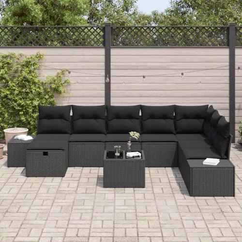  Kerti Kanapé Szett párnával 9 pcs Fekete polirattan