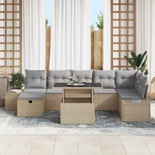  Kerti Kanapé Szett párnával tárolóval 8 pcs Bézs Poli rattan
