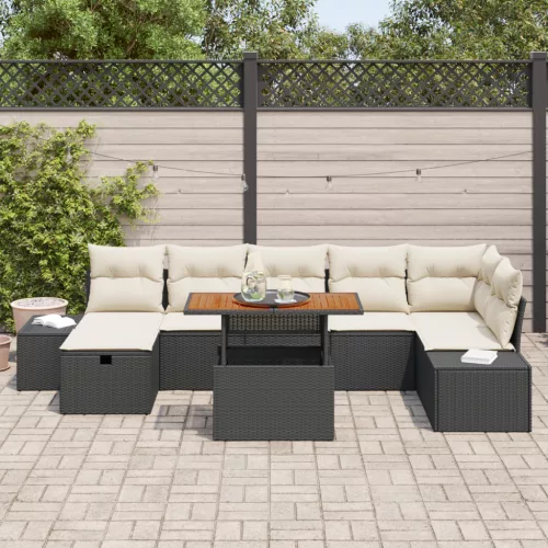  8 Darabos Kert Sofa Készlet Párnákkal Fekete Poli Rattan