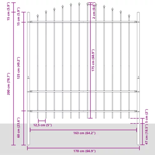  Kertkerítés Íves Felső Rész Szürke 10,2x1,75 m Acél
