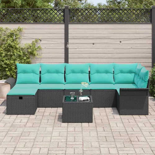  Kerti Kanapé Szett párnával tárolóval 8 pcs Fekete Poli rattan