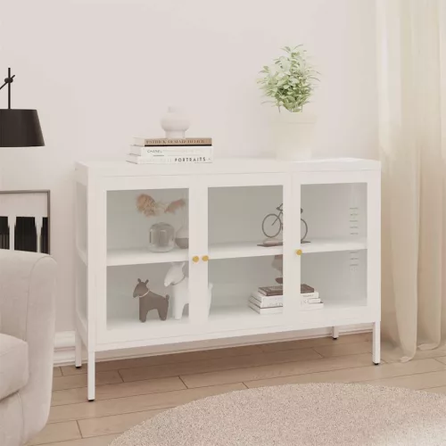 fehér acél és üveg tálalószekrény 105 x 35 x 70 cm