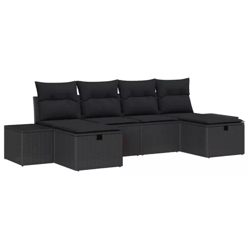  Kerti Kanapé Szett párnával tárolóval 6 pcs Fekete polirattan