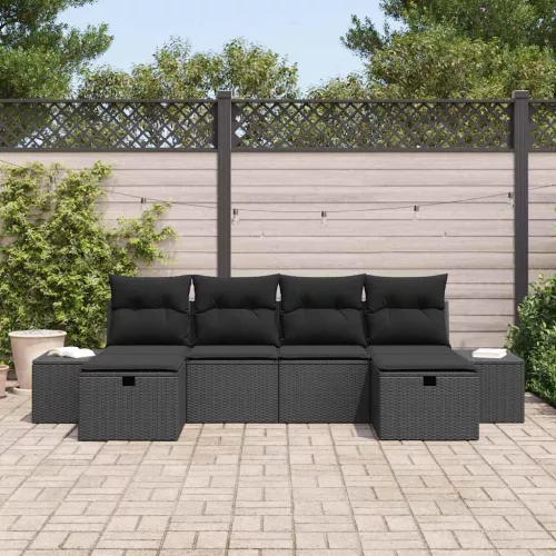  Kerti Kanapé Szett párnával tárolóval 6 pcs Fekete polirattan