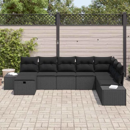  Kerti Kanapé Szett párnával 8 pcs Fekete Poli rattan