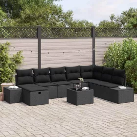  Kerti Kanapé Szett párnával 9 pcs Fekete Poli rattan