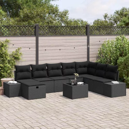  Kerti Kanapé Szett párnával 9 pcs Fekete Poli rattan