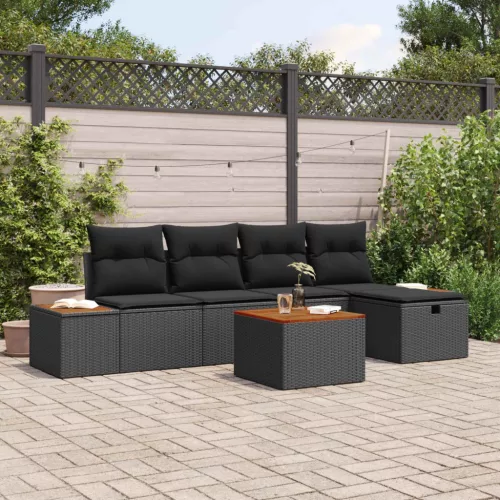  Kerti Kanapé Szett párnával 6 pcs Fekete Poli rattan