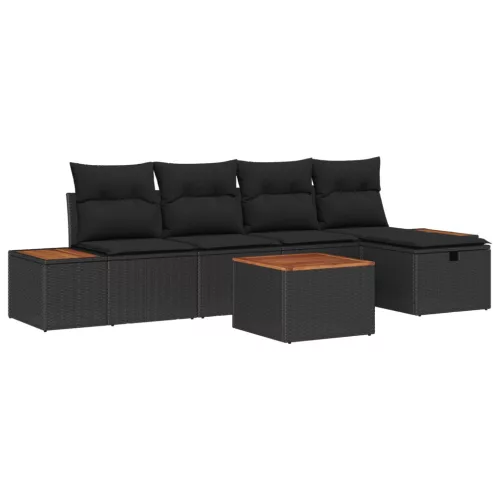  Kerti Kanapé Szett párnával 6 pcs Fekete Poli rattan