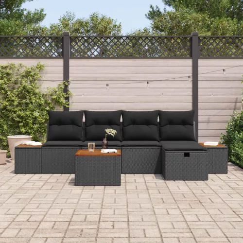  Kerti Kanapé Szett párnával 6 pcs Fekete Poli rattan