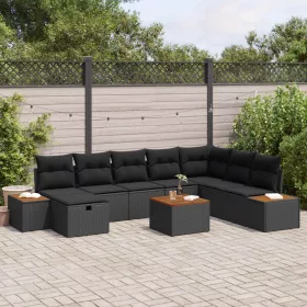  Kerti Kanapé Szett párnával 9 pcs Fekete Poli rattan