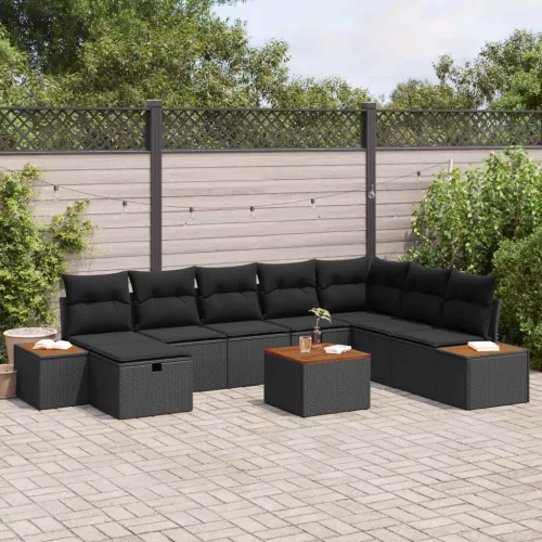  Kerti Kanapé Szett párnával 9 pcs Fekete Poli rattan