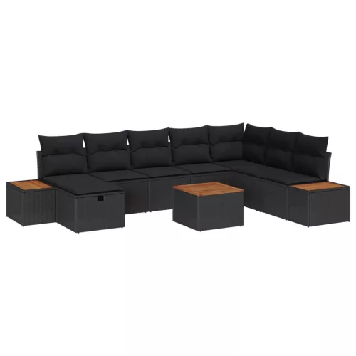  Kerti Kanapé Szett párnával 9 pcs Fekete Poli rattan