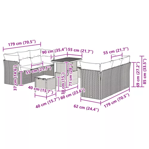  9 darabos Kerti Kanapészett Párnákkal Bézs Poli Rattan Akác