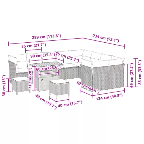  12 részes kerti kanapé szett párnákkal bézs poli rattan akáccal