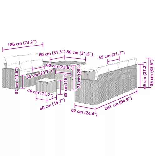  10 darabos kert kanapészett párnákkal bézs poli rattan akác