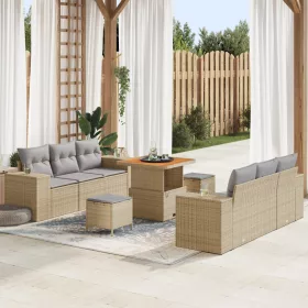    9 Részes Kerti Kanapé Szett Párnákkal Bézs Poly Rattan Akácia