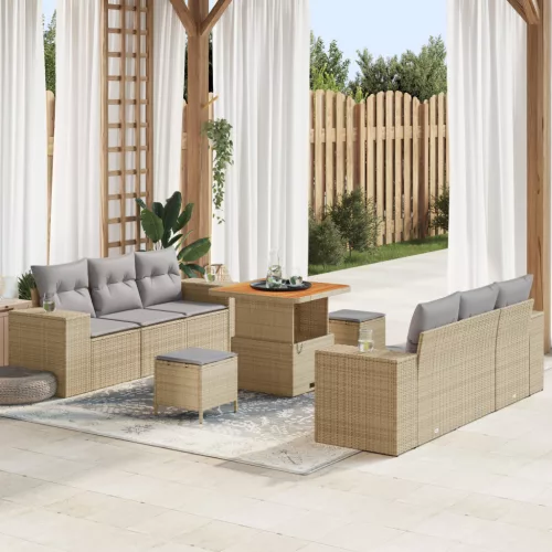  9 Részes Kerti Kanapé Szett Párnákkal Bézs Poly Rattan Akácia