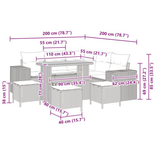  9 Darabos Kert Sofa Készlet Párnákkal Bézs Poli Rattan Akácia