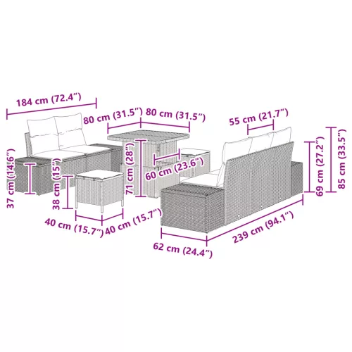  8 darabos Kert Kanapé Szett Párnákkal Szürke Poli Rattan Akác