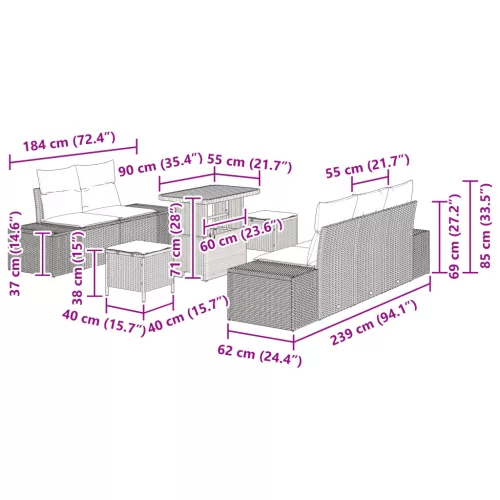  8 darabos kert kanapé szett párnákkal szürke poli rattan akáccal