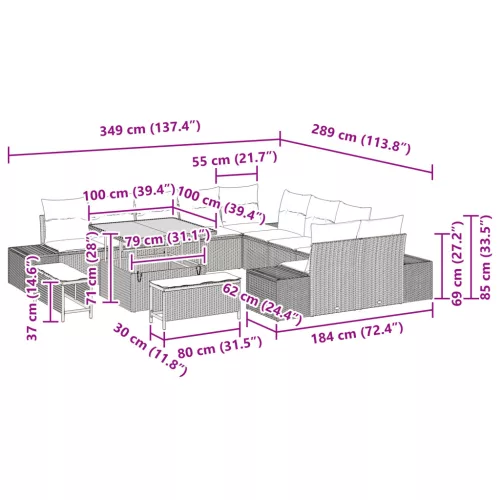  13 részes kerti kanapé szett párnákkal fekete poli rattan akáccal