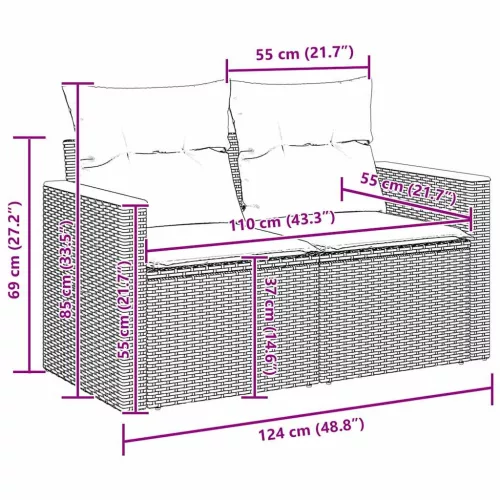  Kerti Kanapé Szett párnával 9 pcs Szürke Poli rattan