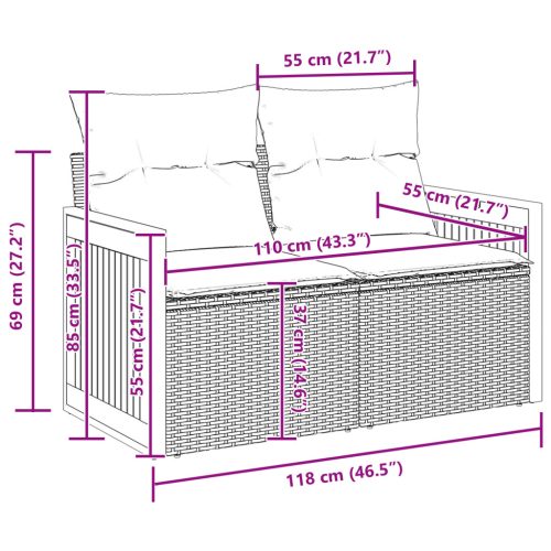  9 részes Kerti Kanapé Készlet Párnákkal Fekete Poly Rattan