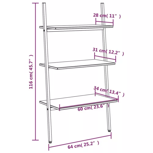  3 szintes világosbarna és fekete létrapolc 64 x 34 x 116 cm