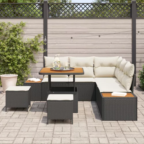  8 Darabos Kert Sofa Szett Párnákkal Fekete Poli Rattan Akáccal