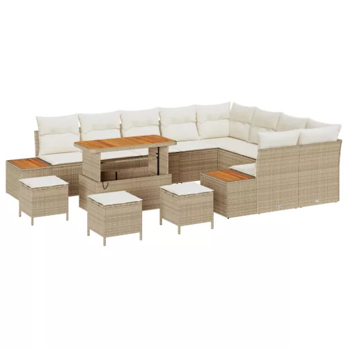  13 darabos kerti kanapé szett párnákkal bézs poli rattan akáccal