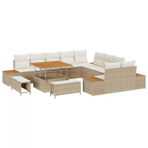  13 Darabos Kerti Kanapé Szett Párnákkal Bézs Poli Rattan Akác