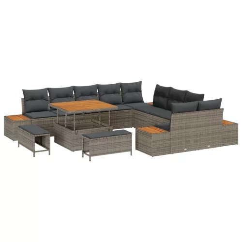  13 darabos kerti kanapé szett párnákkal szürke poli rattan akáciával