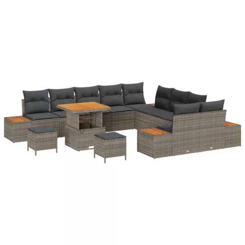  13 Darabos Kerti Kanapé Készlet Párnákkal Szürke Poli Rattan Akác