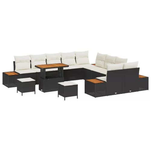  13 Darabos Kert Kanapé Szett Párnákkal Fekete Polirattan Akácia