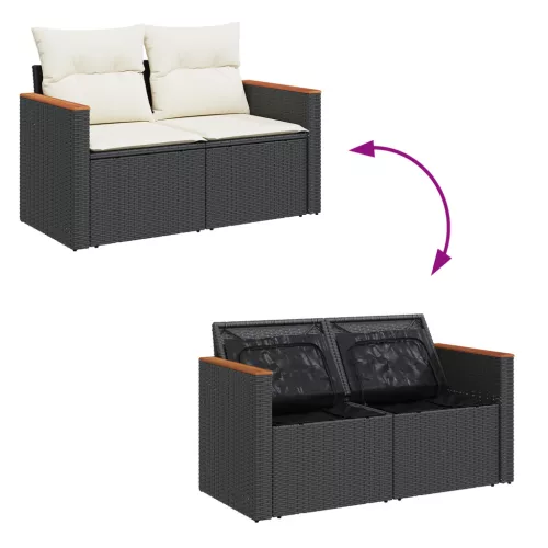  8 darabos Kert Sofa Szett Párnákkal Fekete Poli Rattan Akác