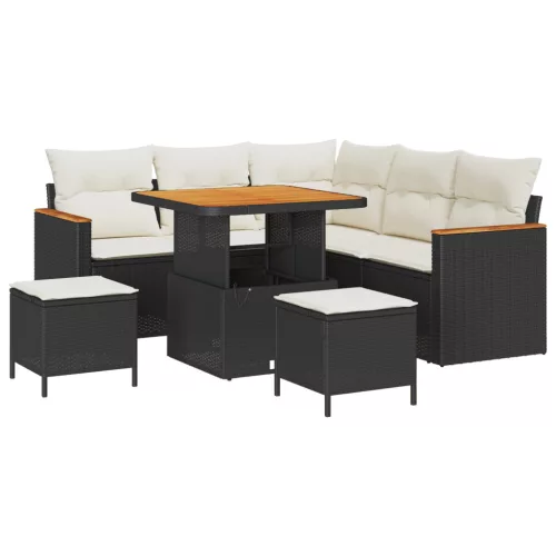  8 Darabos Kert Kanapészett Párnákkal Fekete Poli Rattan Akácia