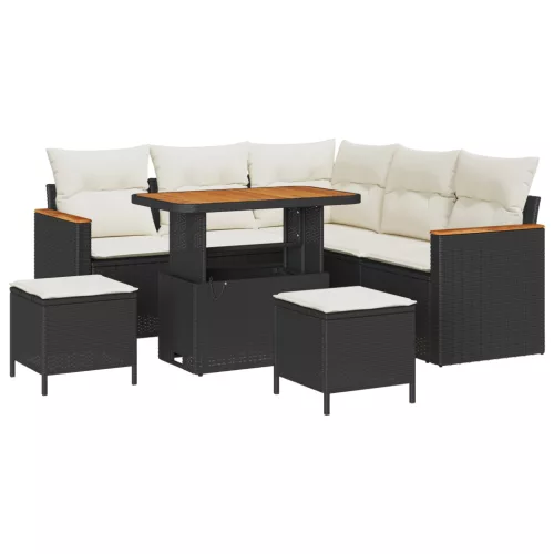  8 Darabos Kerti Kanapé Készlet Párnákkal Fekete Polirattan Akácia