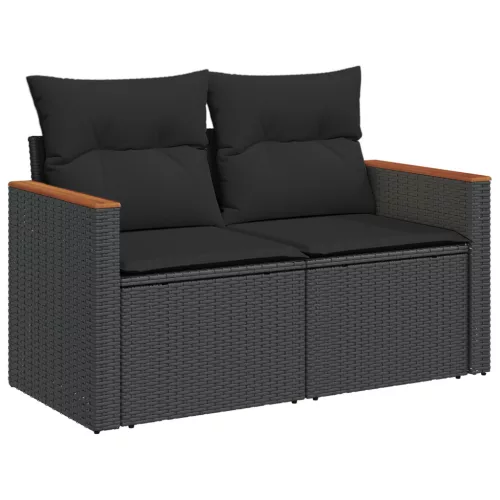  12 darabos kerti sofa szett párnákkal fekete poli rattan akácfa