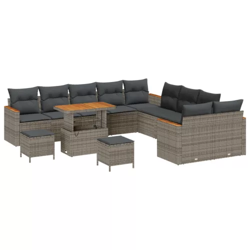  13 Darabos Kerti Kanapé Szett Párnákkal Szürke Poli Rattan Akácia